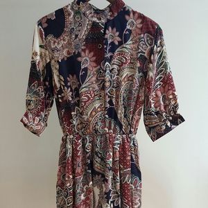 Retro blue paisley floral print midi dress